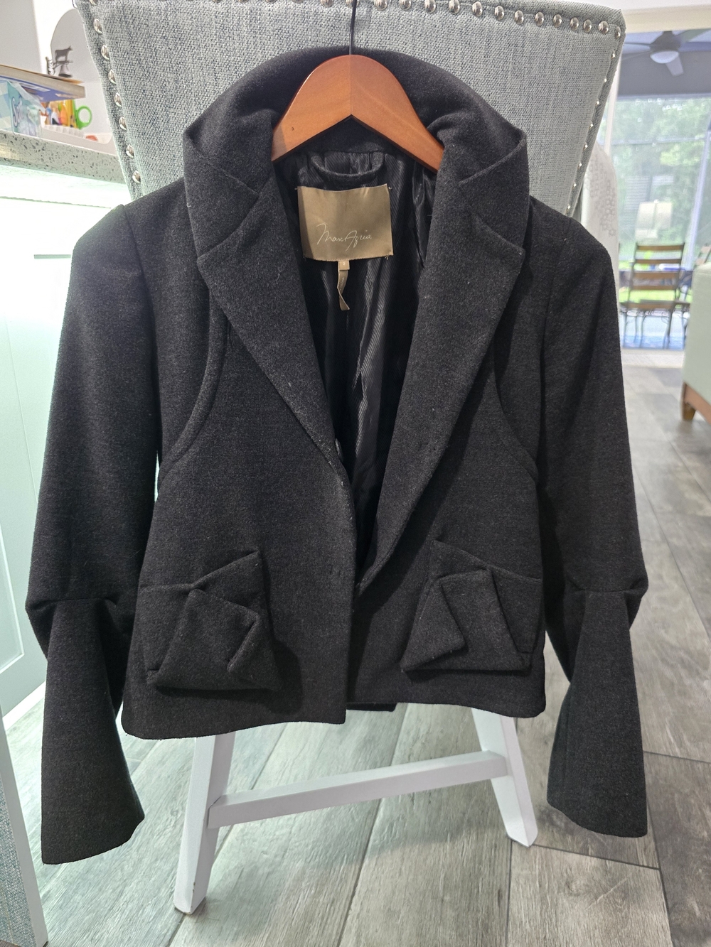 BCBGMaxAzria Charcoal Folded-Pocket Cropped Wool Coat With a Bow In Back